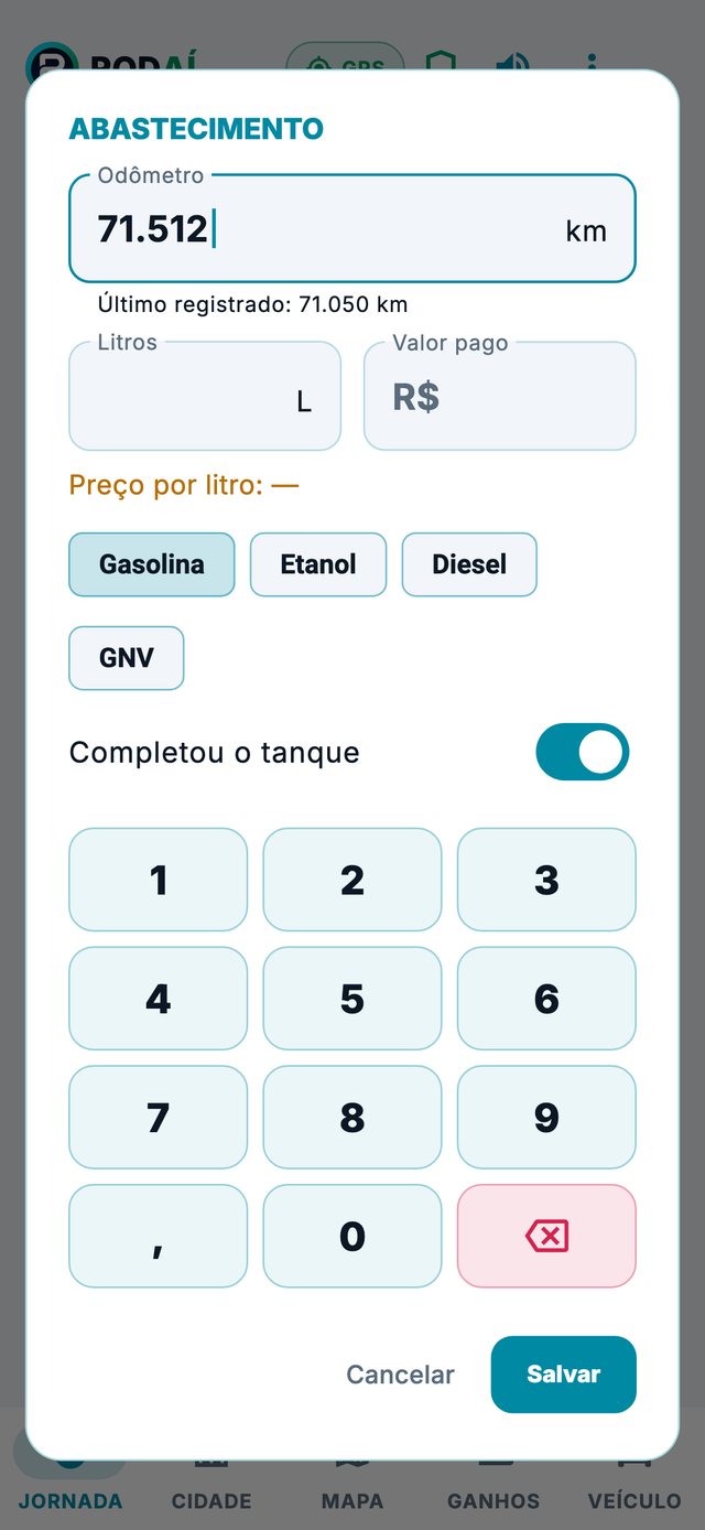 Janela de abastecimento com odômetro, litros, valor e tipo de combustível