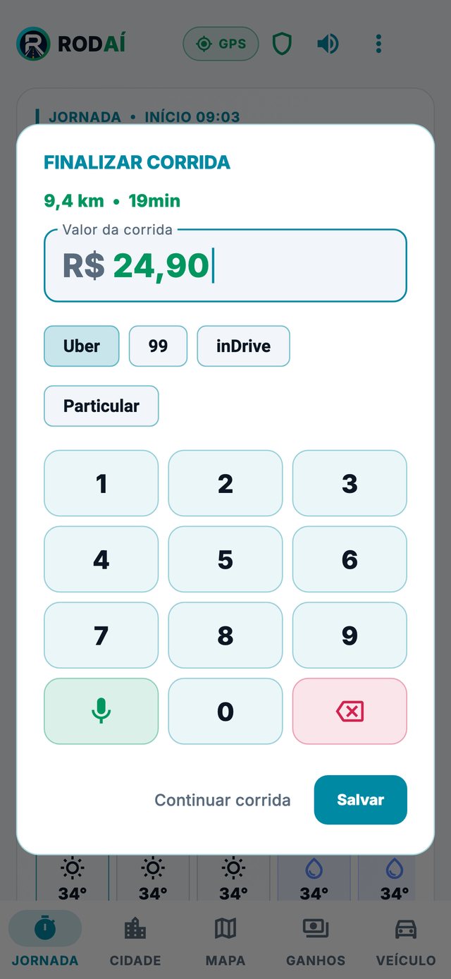 Janela Finalizar corrida com o valor R$ 24,90 digitado no teclado do app