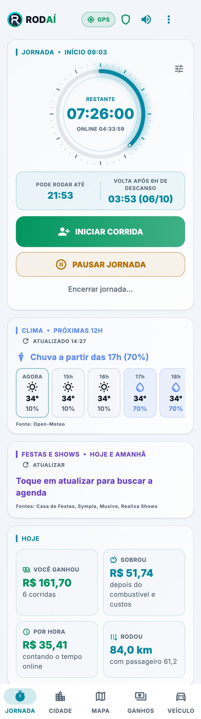 Tela Jornada do Rodaí: tempo restante das 12 horas, horário limite e botões para iniciar corrida e pausar a jornada